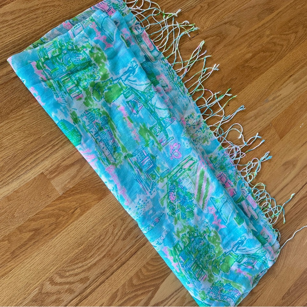 Lilly Pulitzer Turquoise Pink Green Printed Fringe Scarf